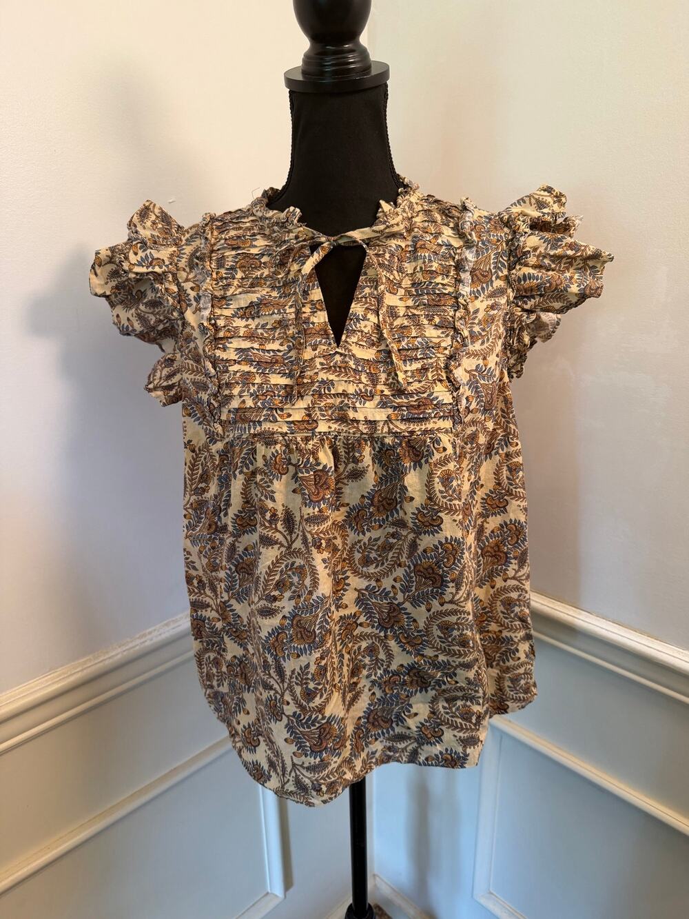 Farmers Market Boho Floral Paisley Pintuck Blouse Cotton Ruffle Sleeve Cottage